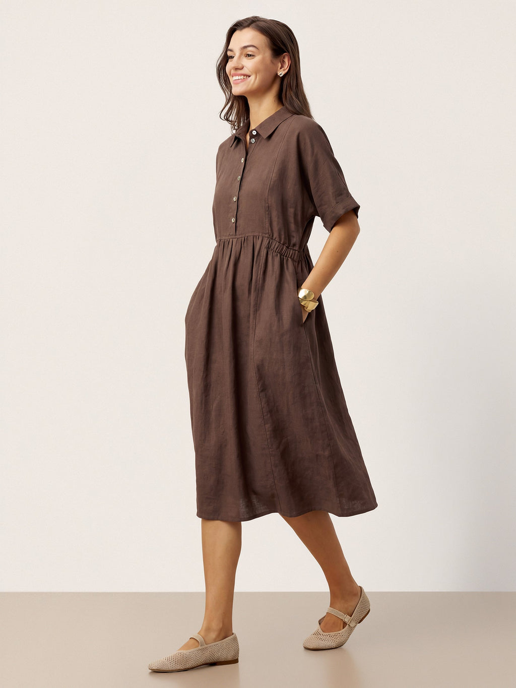 100% Linen Striped Buttoned Front Short Sleeve Midi Shirt Dress CASSANDRA