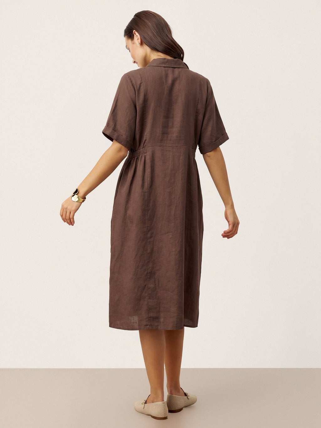 100% Linen Striped Buttoned Front Short Sleeve Midi Shirt Dress CASSANDRA