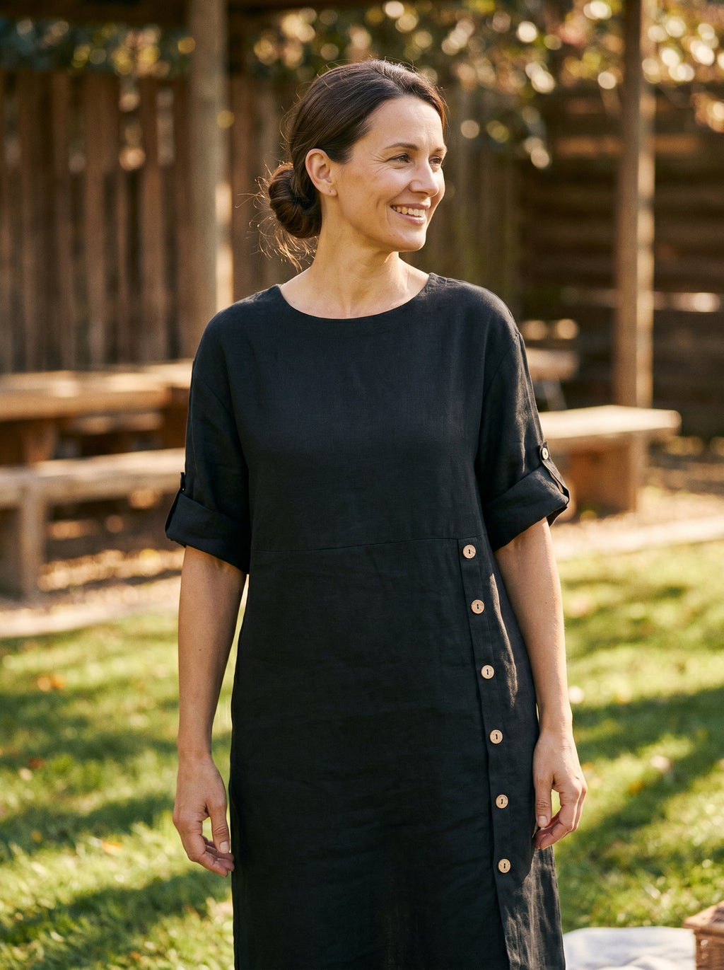 100% Linen Round Neck Button Detail Midi Dress JELENA