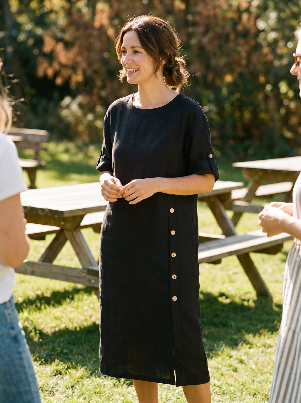 100% Linen Round Neck Button Detail Midi Dress JELENA