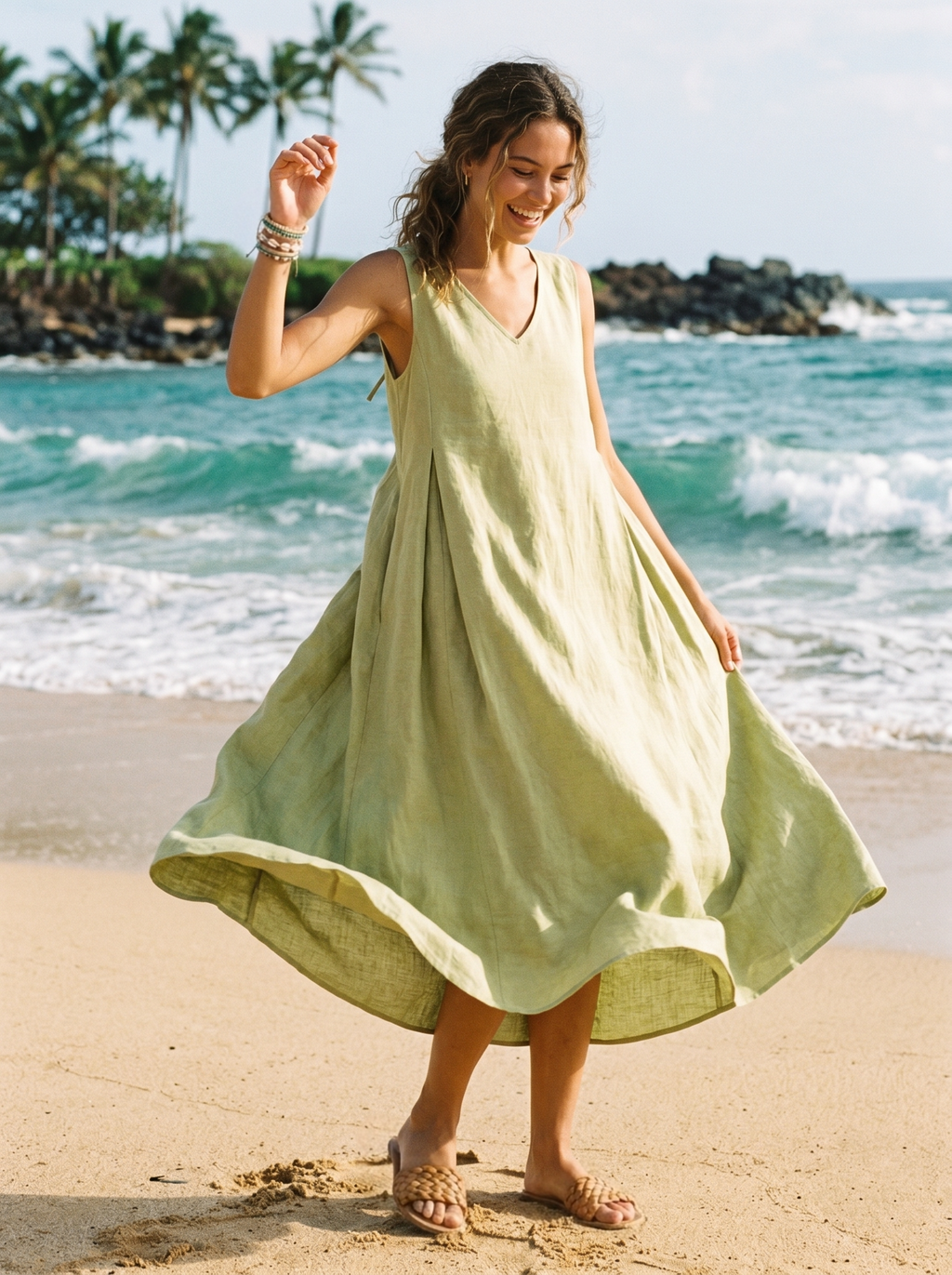 100% Linen Sleeveless A-Line Midi Dress TARA