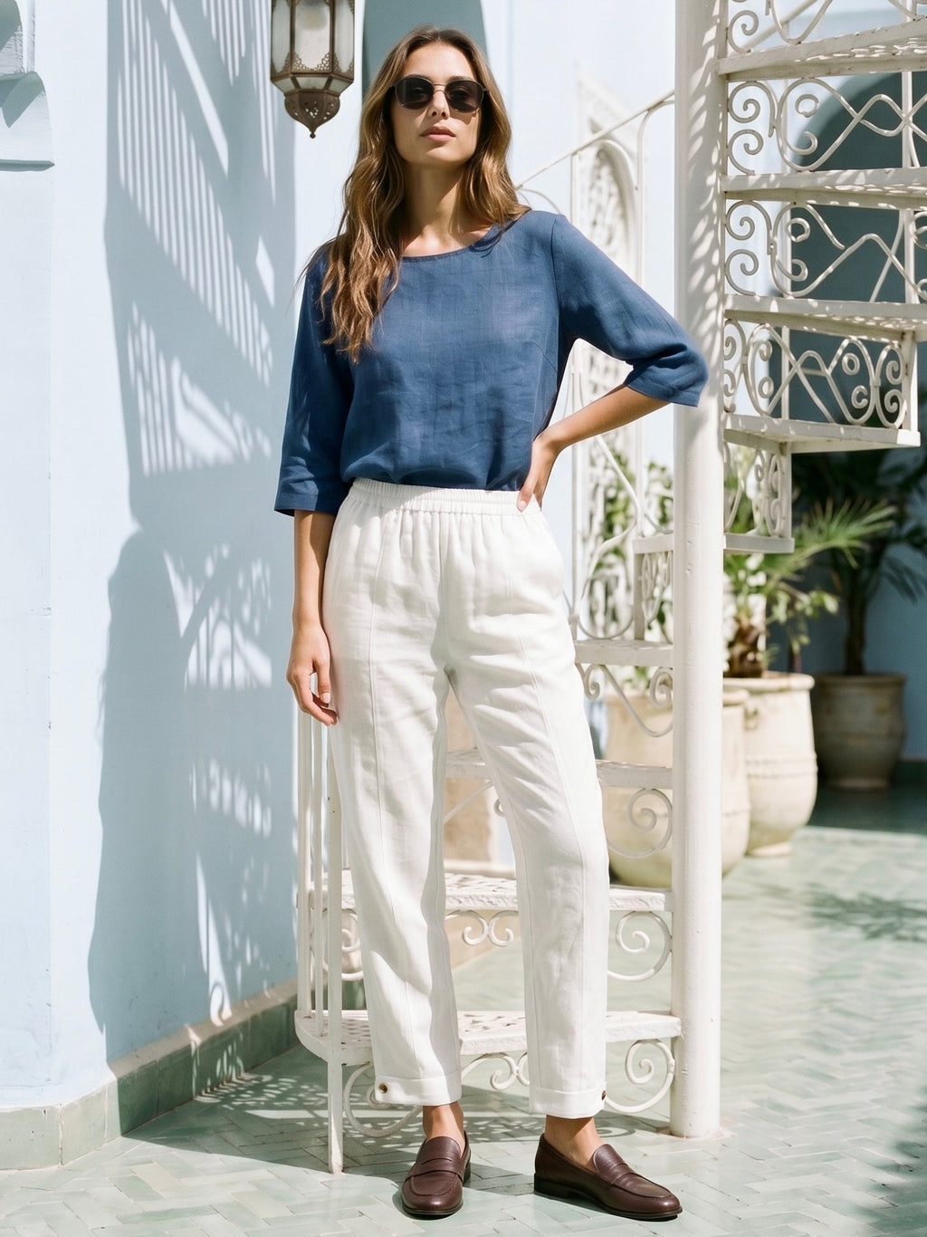 100% Linen Straight-Leg Pants with Elastic Waist PATRICE