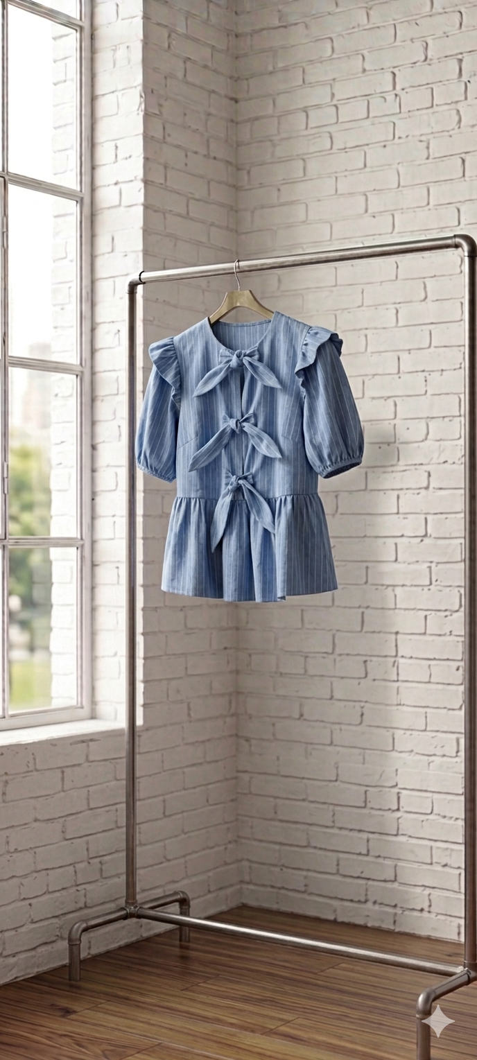 Stripe Front Bow Denim Peplum Blouse
