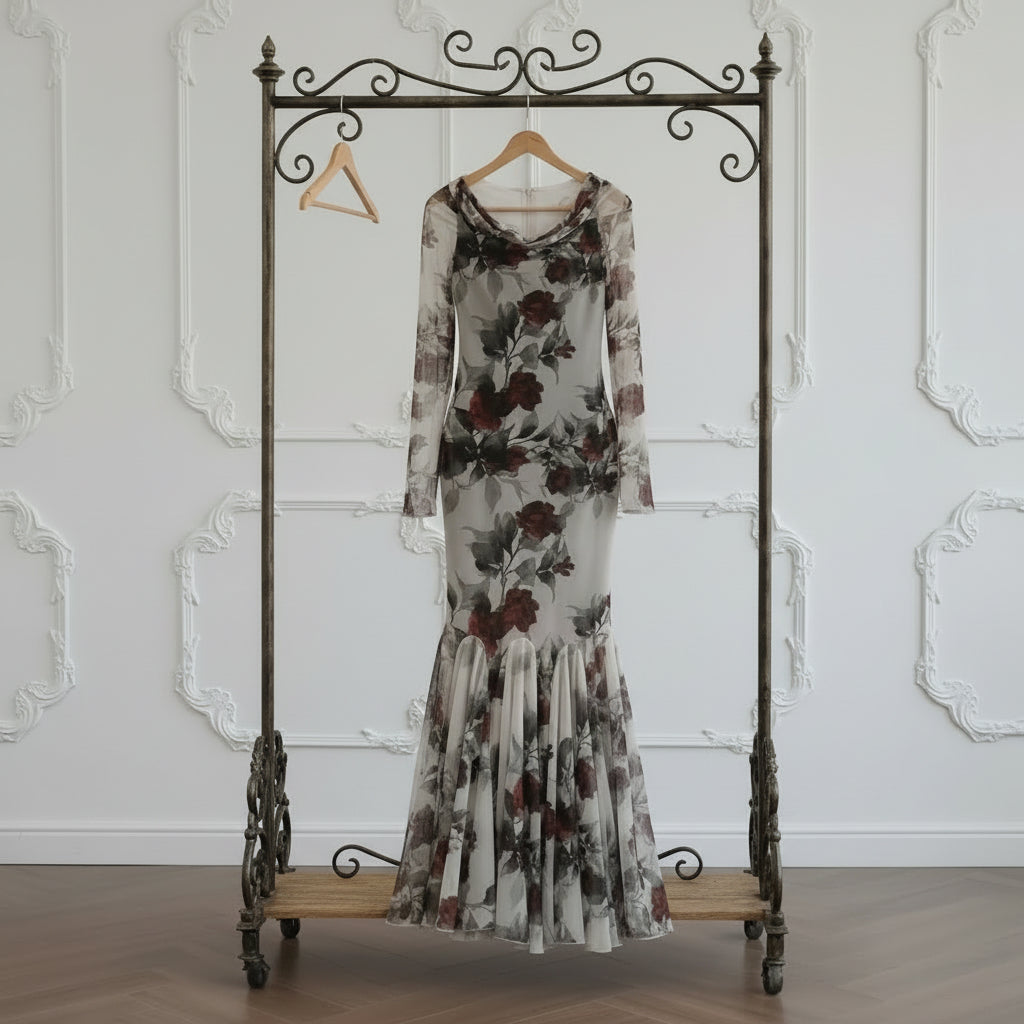 Romantic Floral Mermaid Dress | Elegant Ruffle Hem Long Sleeve French Style Maxi Dress(MS268)